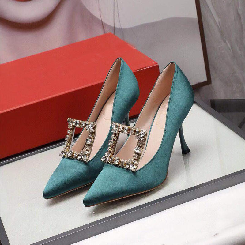 Women's Pointed Toe Square Buckle Rhinestone High Heels