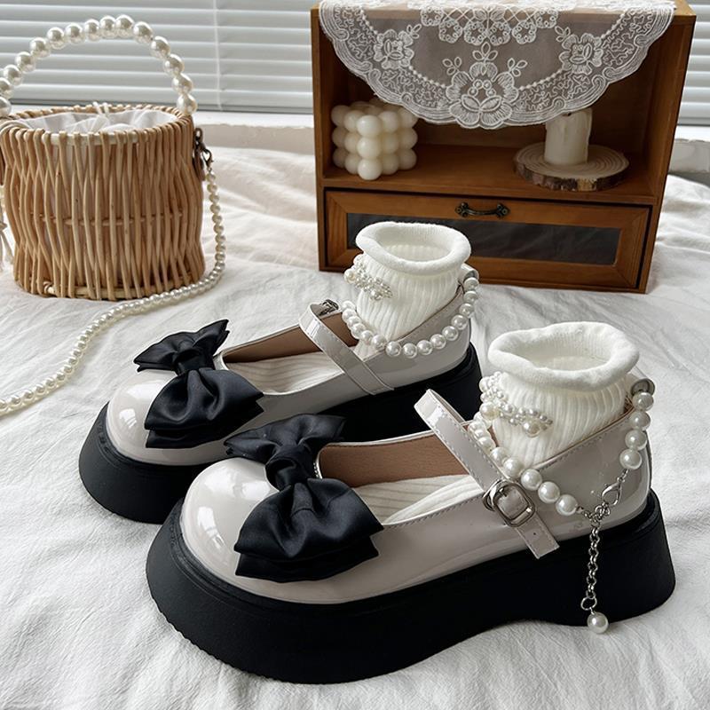 Women's Platform Pearl Bow Round Toe Shoes