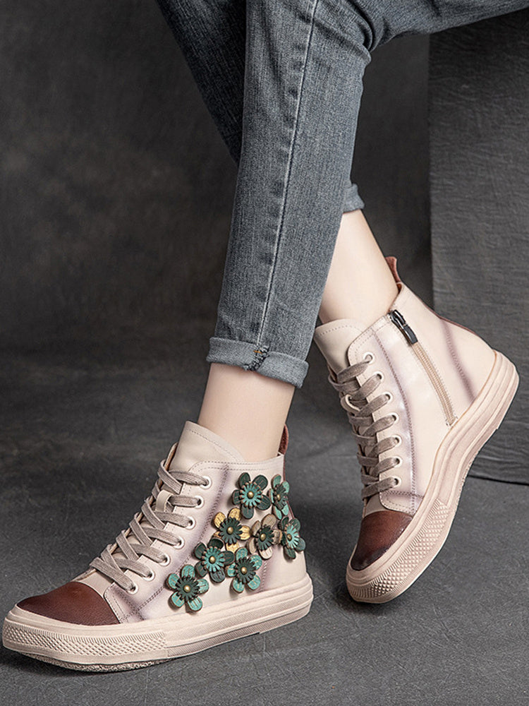 Damen High-Top-Schuhe mit Blumenmuster und quadratischem Kopf