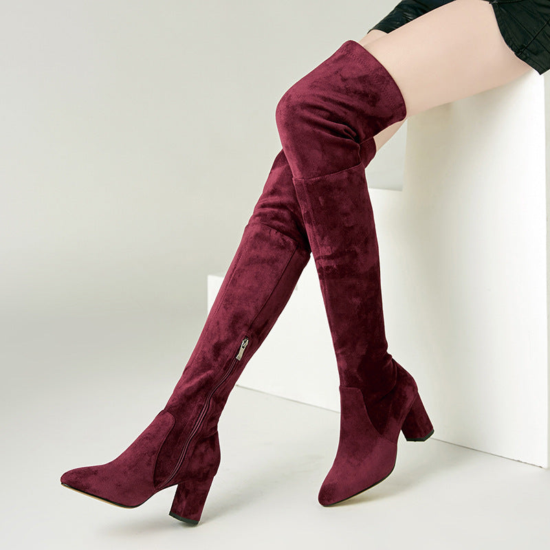 Damen Overknee-Stiefel aus Schaffell mit hohem Absatz und Stretch