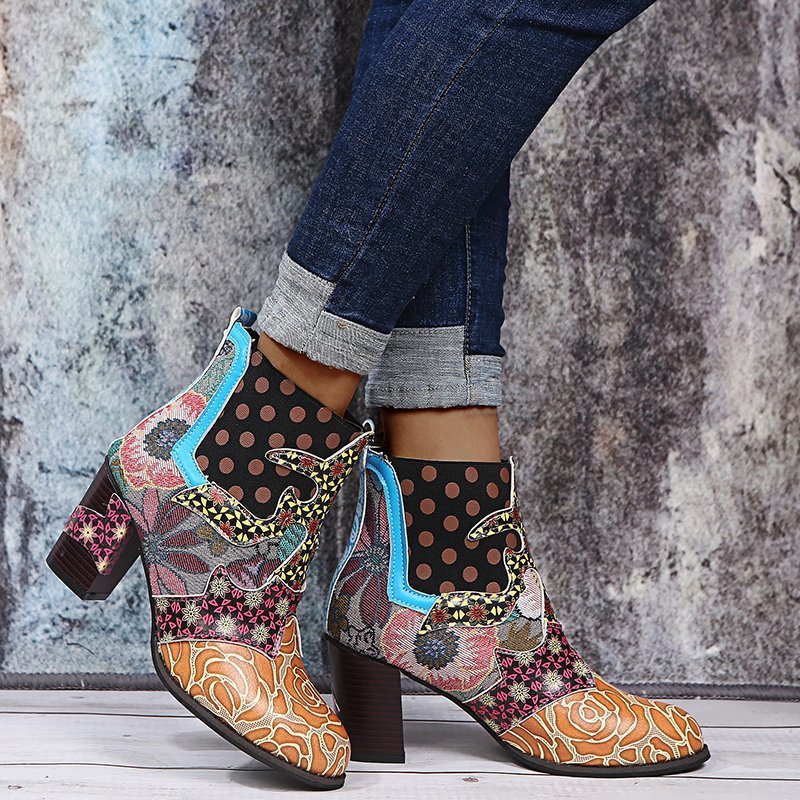 Stiefeletten mit Print, klobige Stiefel mit mittlerem Absatz, Damenschuhe mit seitlichem Reißverschluss