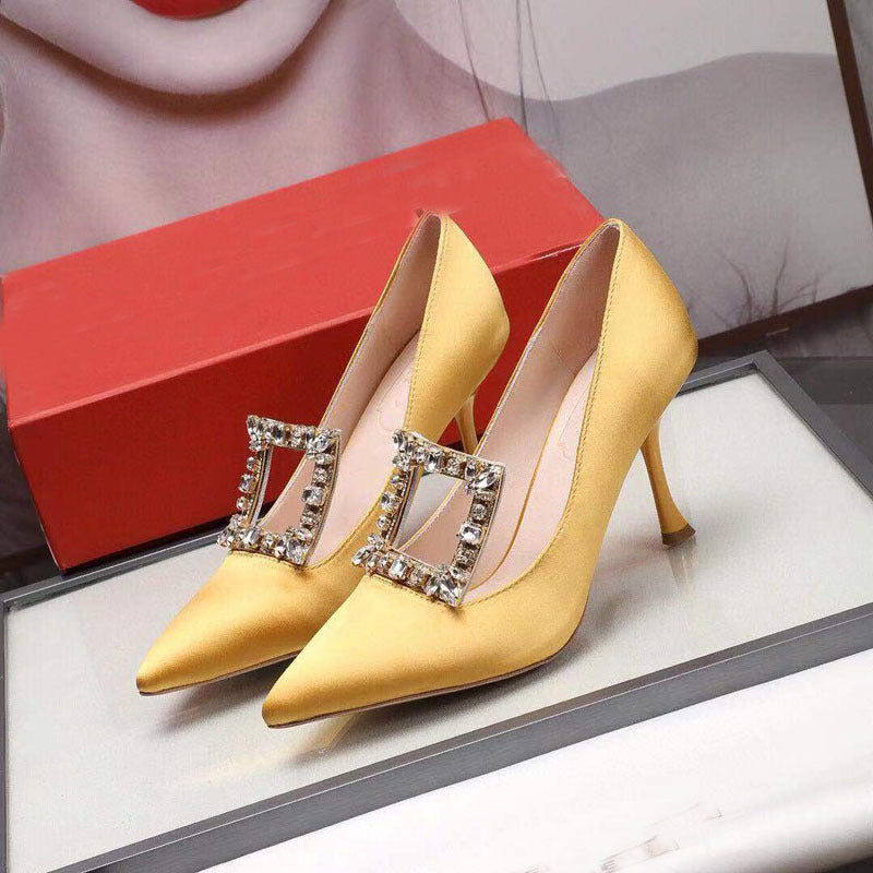 Women's Pointed Toe Square Buckle Rhinestone High Heels