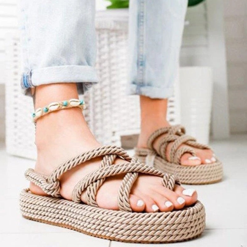 Women's Boho Sandals Flat Hemp Rope Platform