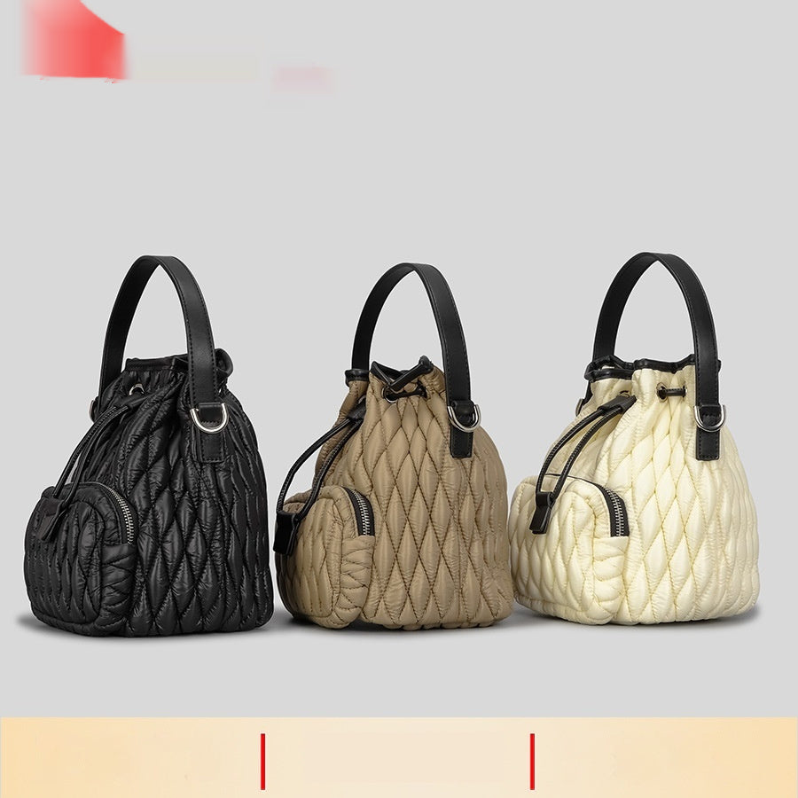 Nylon frauen Eimer Tasche Unten Baumwolle Rhombus Kordelzug Schulter Nische Kissen Baumwolle Plissee