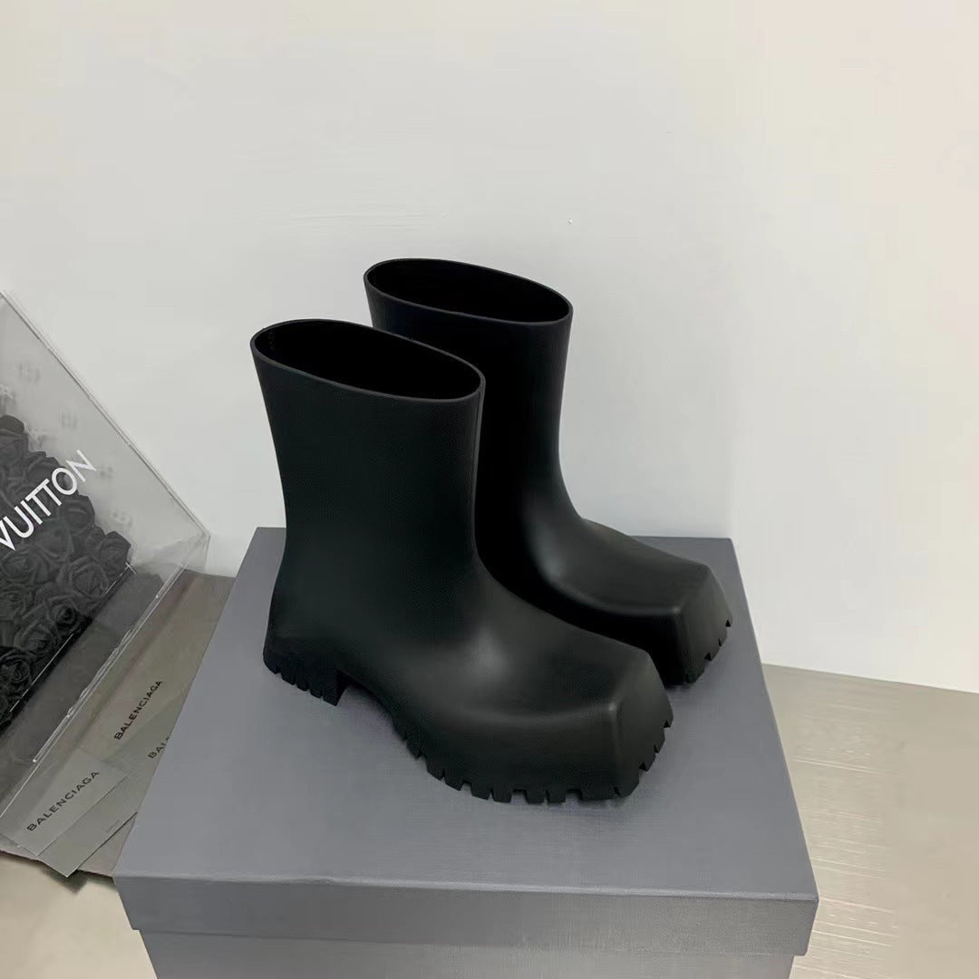 Botas de lluvia para hombre y mujer, punta cuadrada, suela de grosor medio