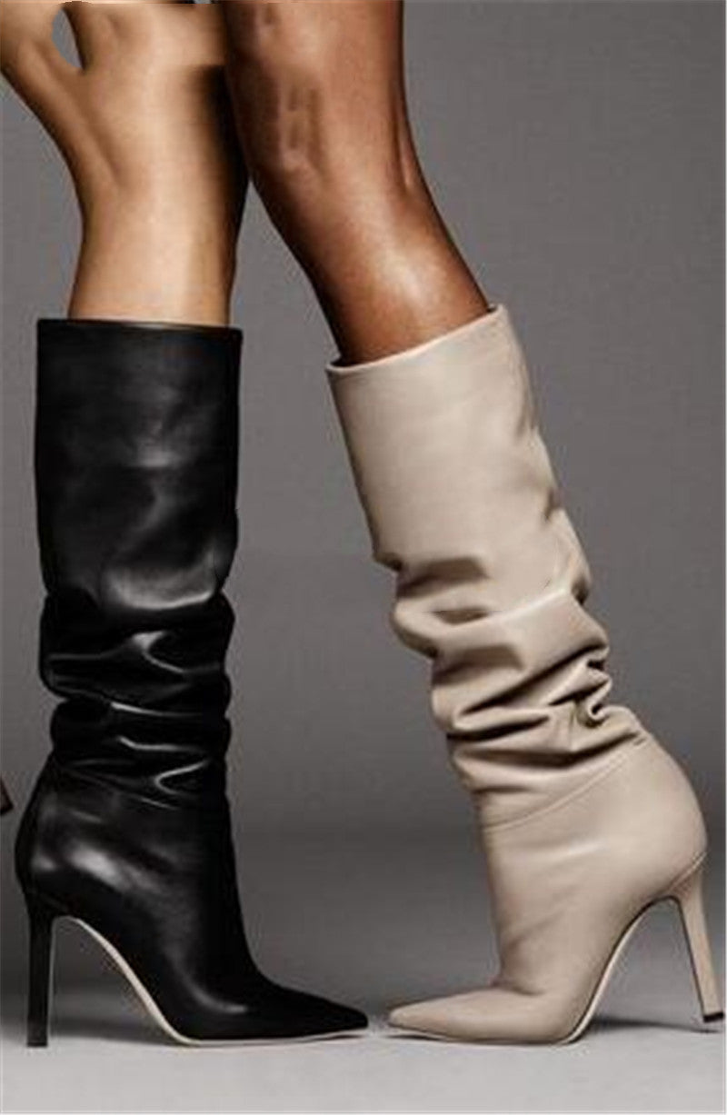 Botas altas de moda por encima de la rodilla con tacón de cuña y punta puntiaguda sexys con estampado de lichi en color liso