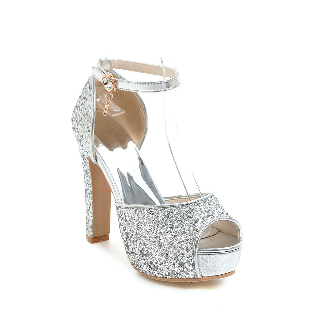 Peep Toe Chunky Heel Super High Heel Fashionable Sequins Sandals