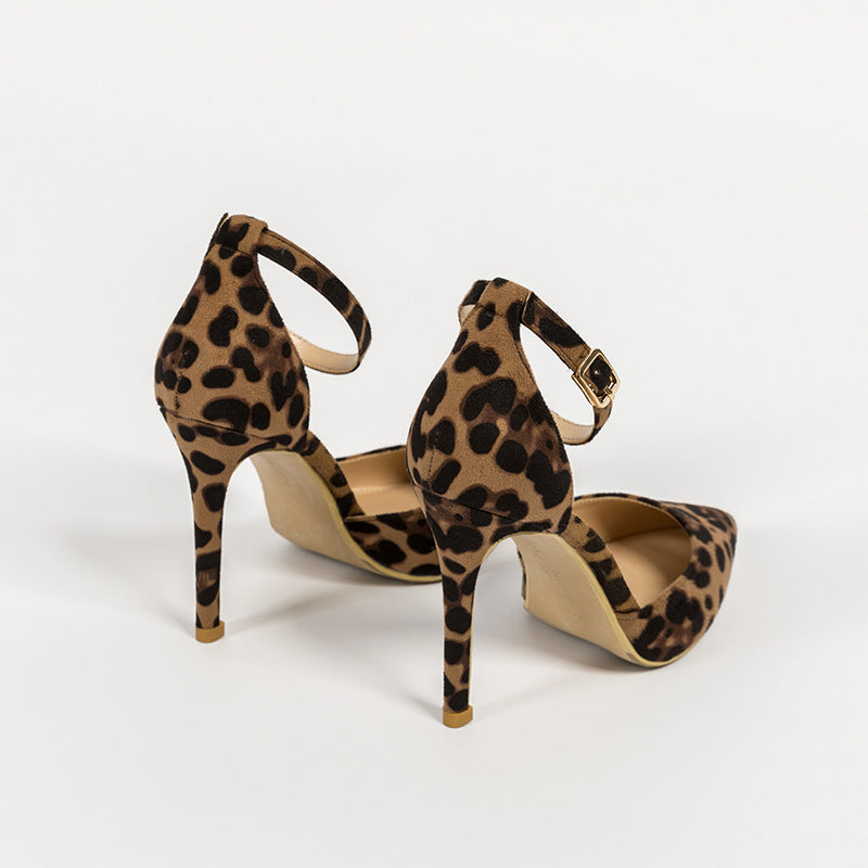 European And American Hollowed Sandals Women's Word With Pointed Toe Stiletto Leopard Print