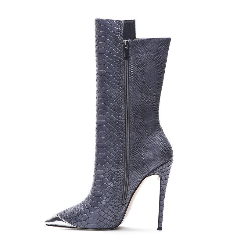 Plus Size Pointed Toe Snakeskin Heeled Ankle Boots