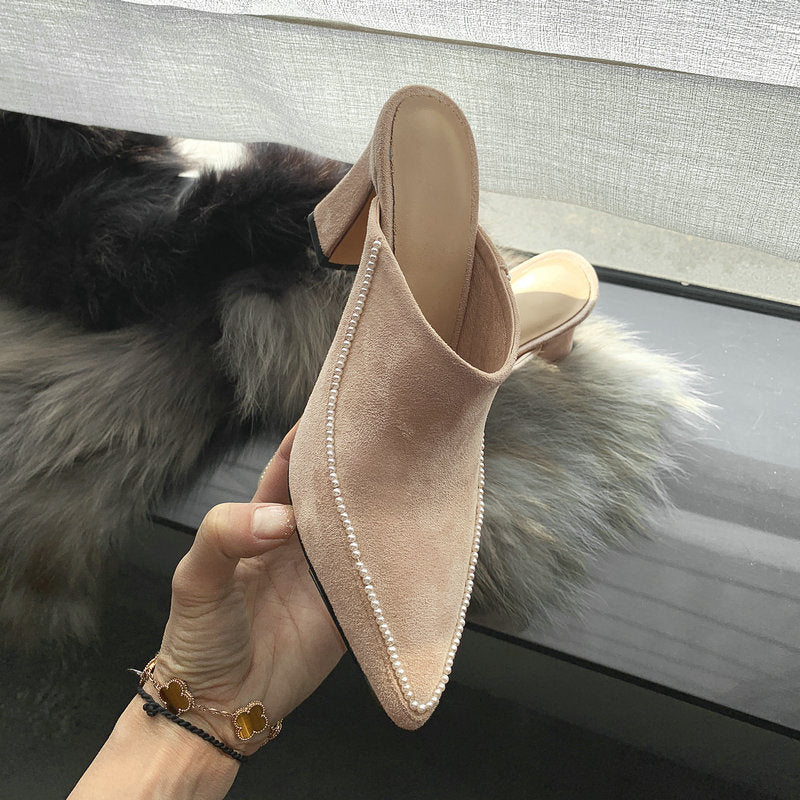 Baotou Half Slippers Women's Outer Wear Half Support Thick-heeled High-heeled Shoes All-match Pointed Toe