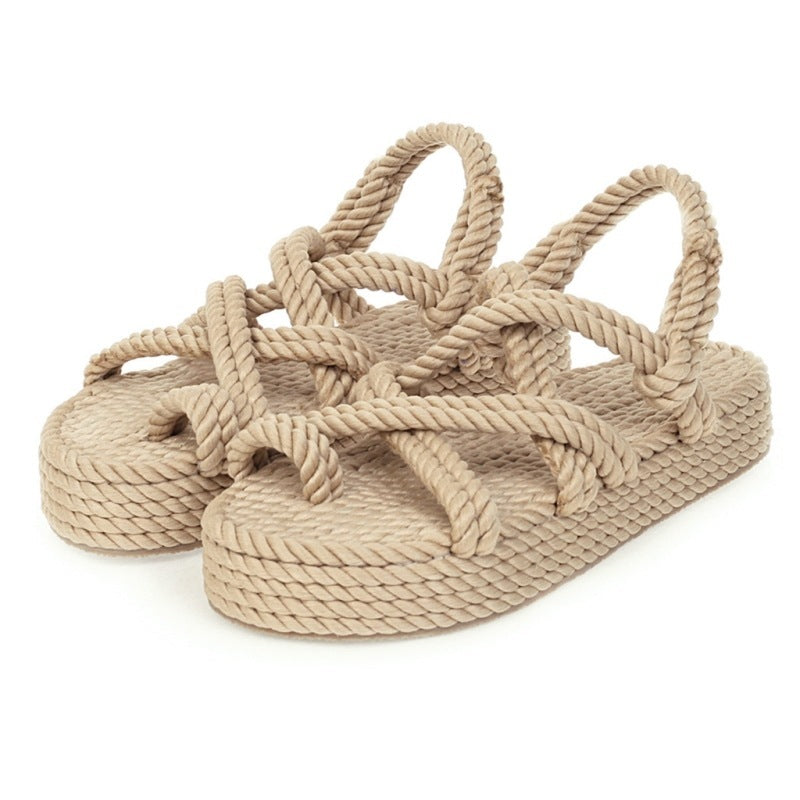 Women's Boho Sandals Flat Hemp Rope Platform