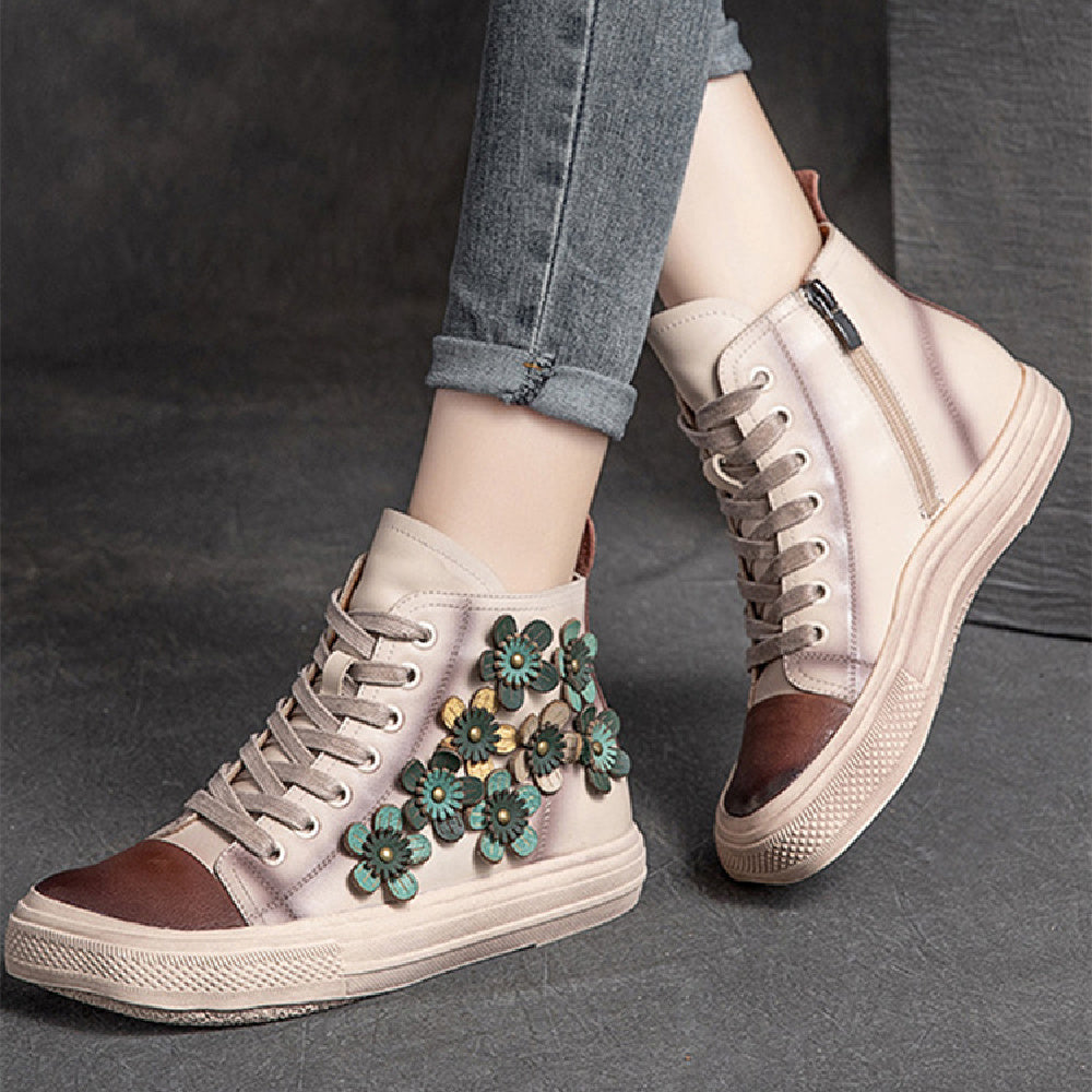 Damen High-Top-Schuhe mit Blumenmuster und quadratischem Kopf