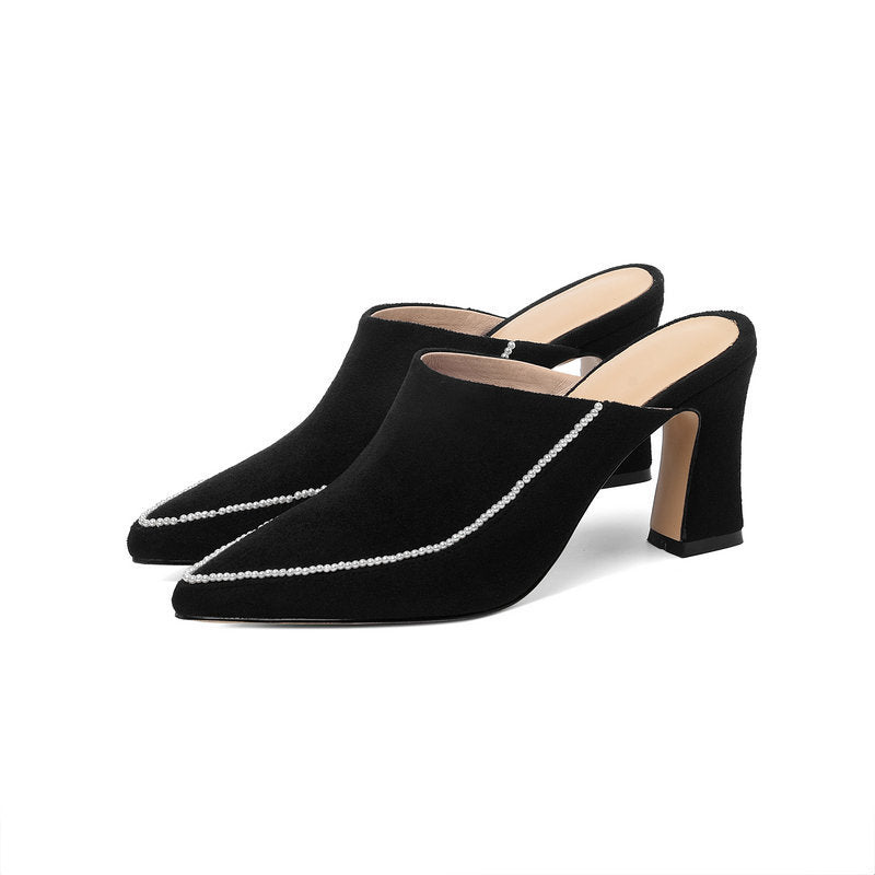 Baotou Half Slippers Women's Outer Wear Half Support Thick-heeled High-heeled Shoes All-match Pointed Toe