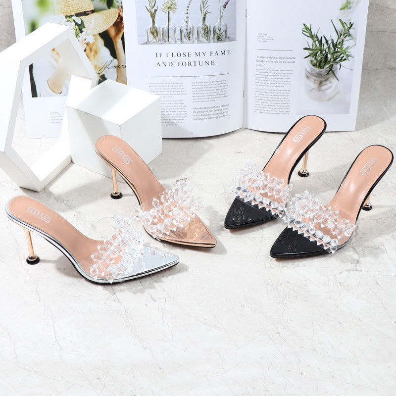 Summer Pointed High Heels Solid Color High Heels Rhinestone Sandals