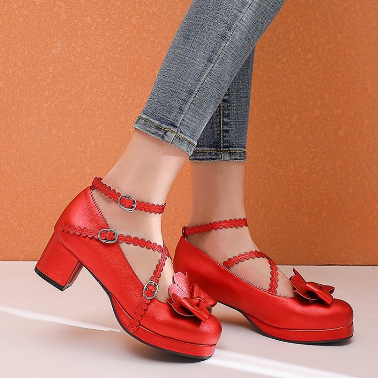 Large Size Women's New Bow Anklet Thick Heel Platform Shoes