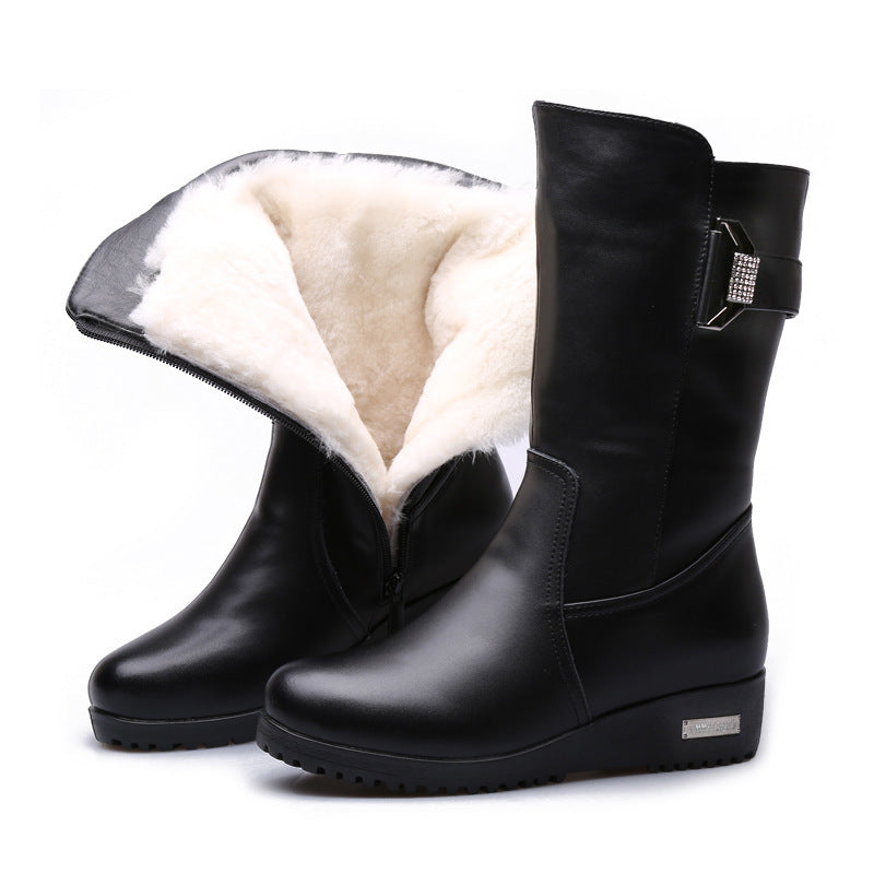 Flat-bottomed Women's Leather Boots With Fur