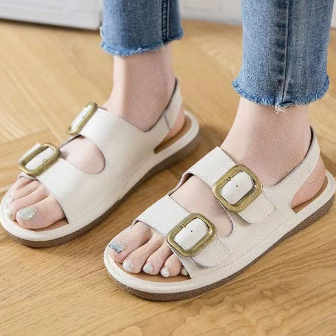 Damen Flache Coole Erste Schicht Rindsleder Weiche Unterseite Gürtelschnalle Strand Oberbekleidung Knöchelriemchen Sandalen