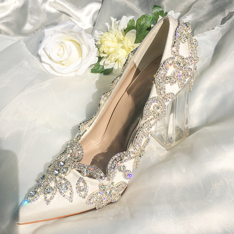 Women's Shallow Mouth Pointed Satin Rhinestone High Heel Shoes