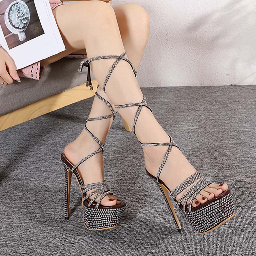 Rhinestone Cross Strap Platform Super Heel Sandals