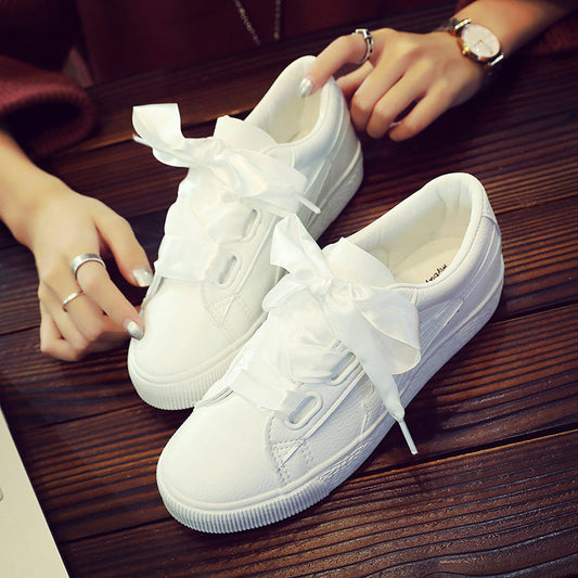 Women's Spring And Autumn Ribbon White Shoes