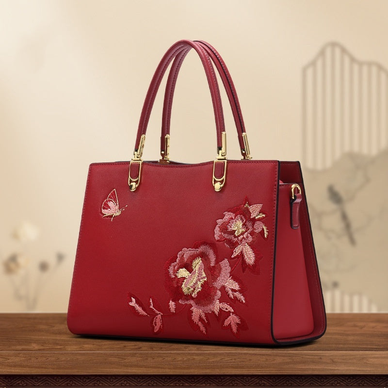 Chinese Peony Butterfly Leather Graceful And Fashionable Large Capacity Embroidery Texture Diana Bag