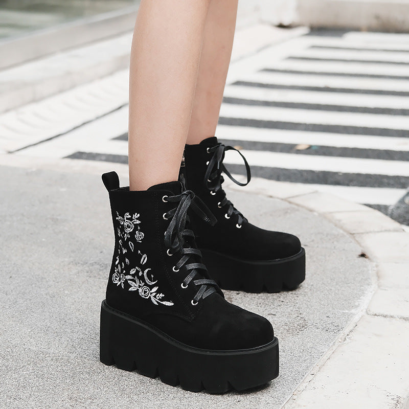 Thick-soled Thick-heeled Embroidered Frosted Platform Shoes Martin Boots