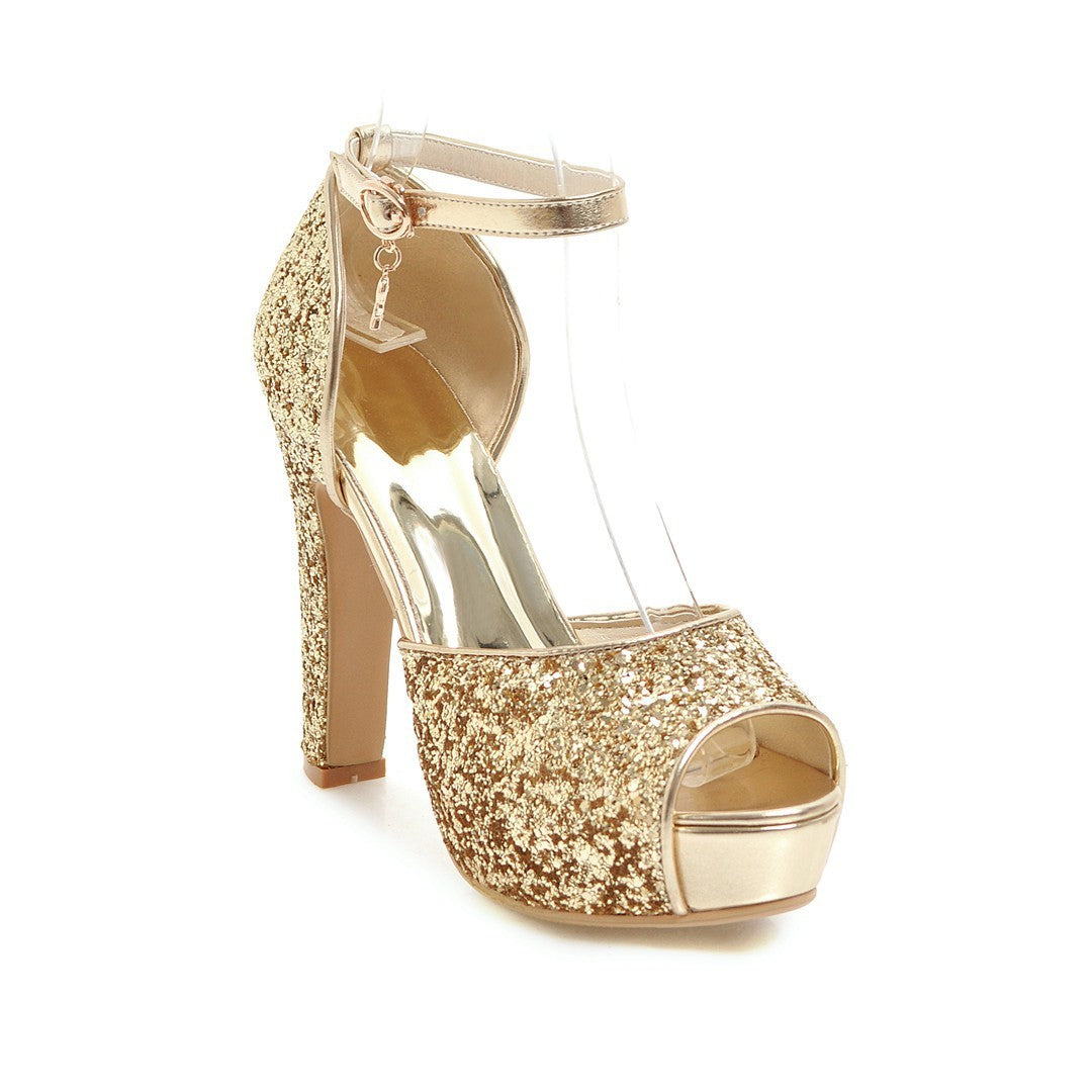 Peep Toe Chunky Heel Super High Heel Fashionable Sequins Sandals