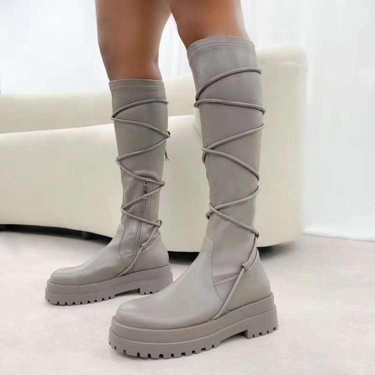 Botas de plataforma con cordones, botas vaqueras largas blancas para mujer