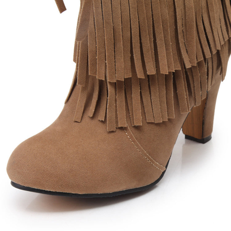 Botas cortas con flecos y tacón alto para mujer de moda