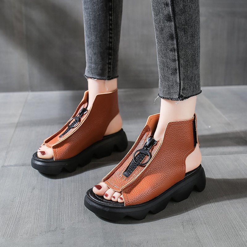 Women's Retro Style Front Zip Leather Platform Fish Mouth Sandals