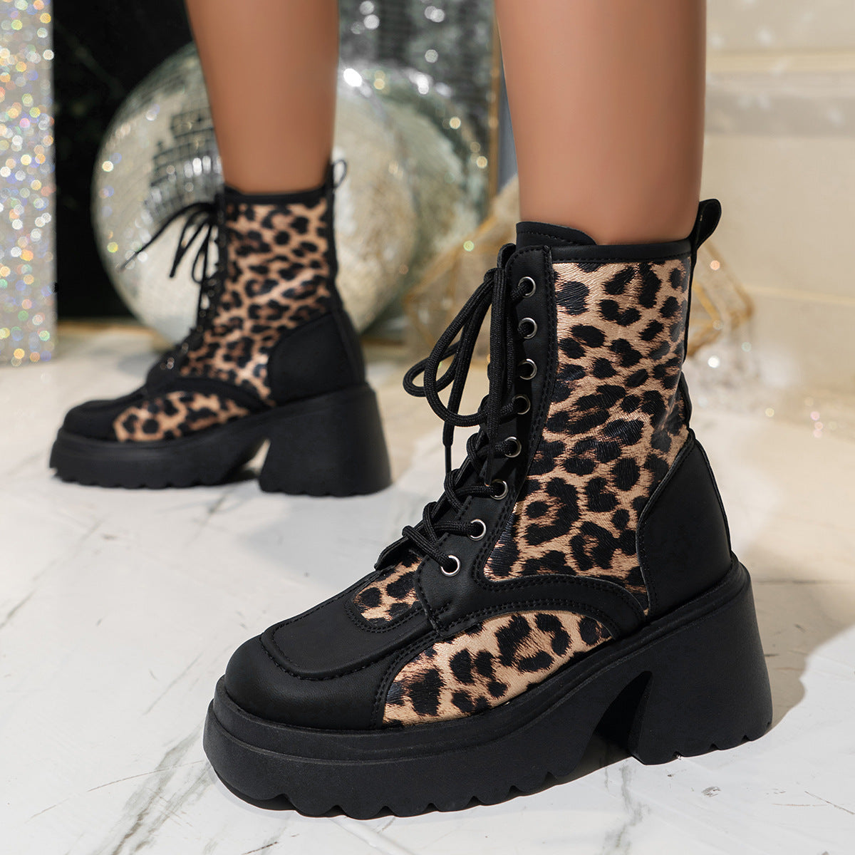 Leopard Print Chunky Heel Booties Weibliche Lace-up Plattform Britischen