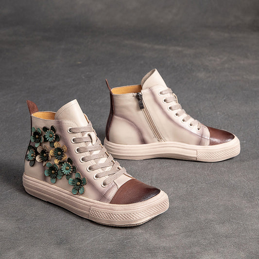 Damen High-Top-Schuhe mit Blumenmuster und quadratischem Kopf