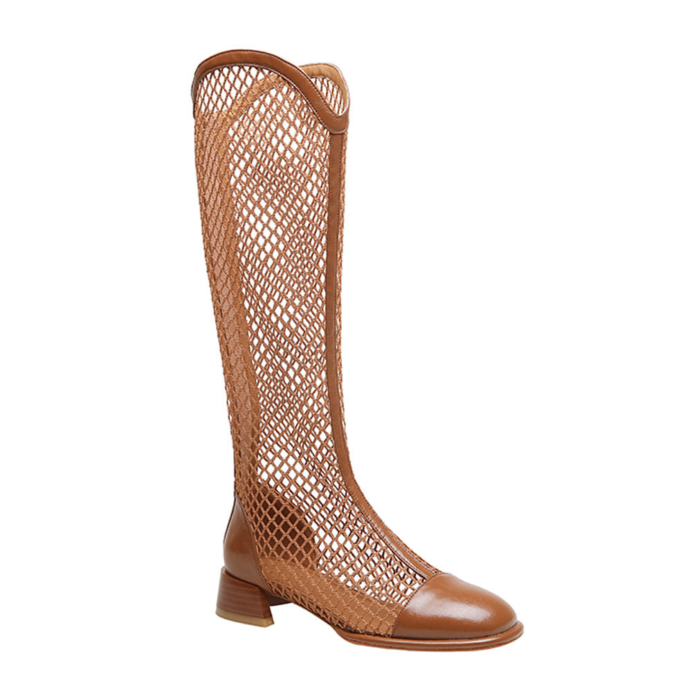 Women's Chunky Heel Square Toe Mesh Tall Boots Back Zip