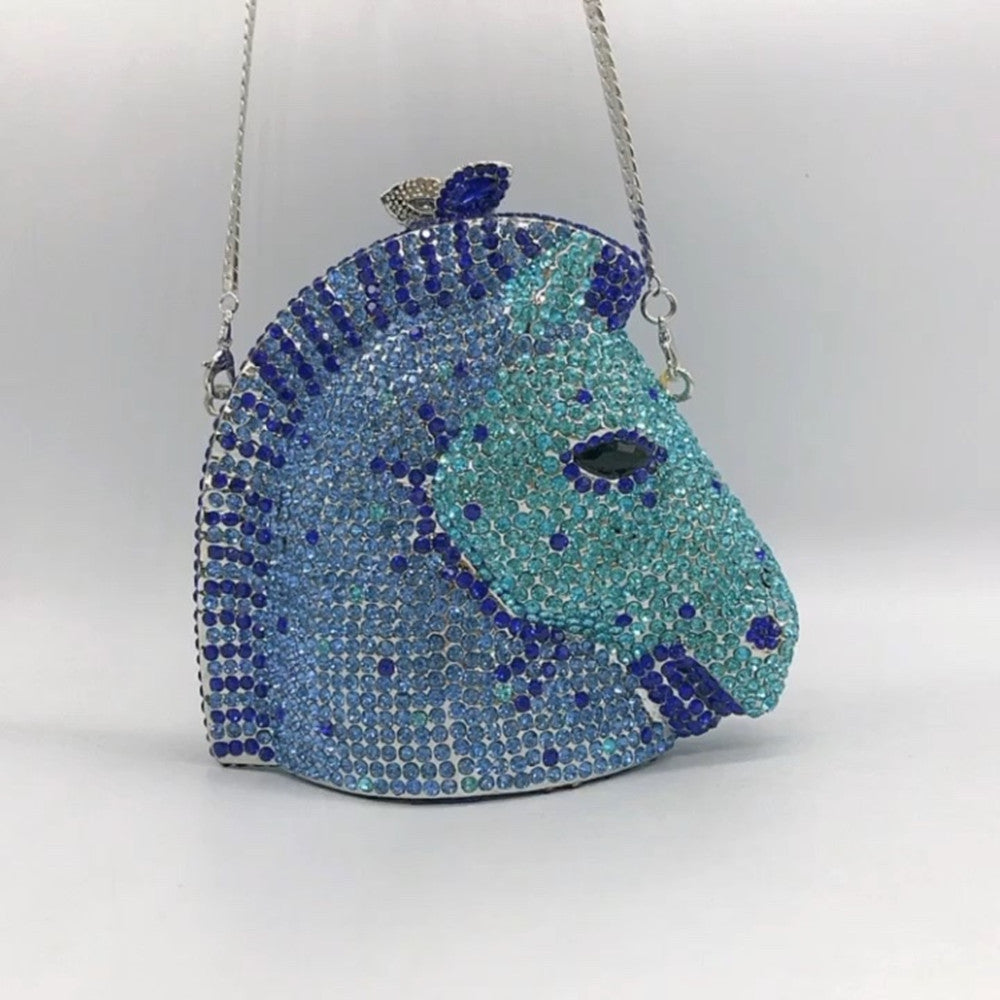 Bolso de cena con forma de cabeza de caballo y diamantes incrustados Bolso joya para banquete