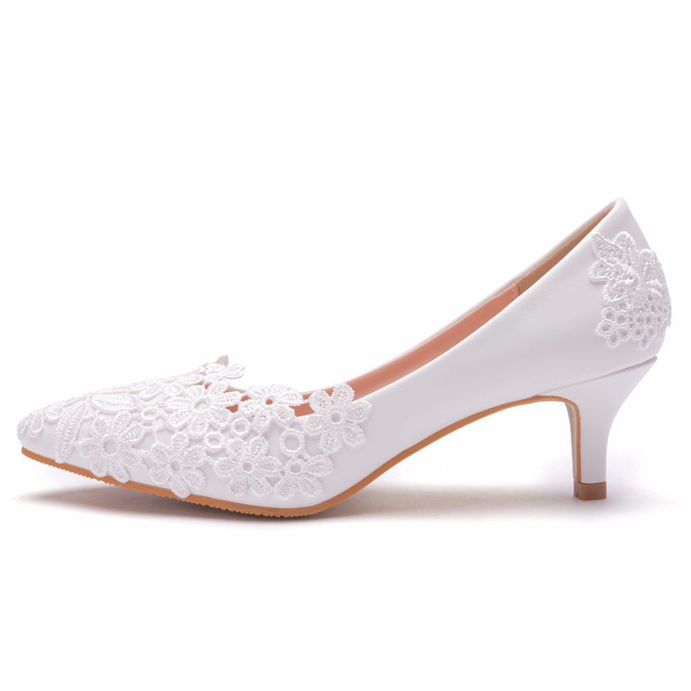 Zapatos de boda elegantes y sencillos con encaje y flores, color blanco, tacón alto de 5 cm