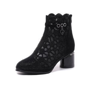 Women's Fashion Personality Rhinestone Hollow Mesh Short Boots