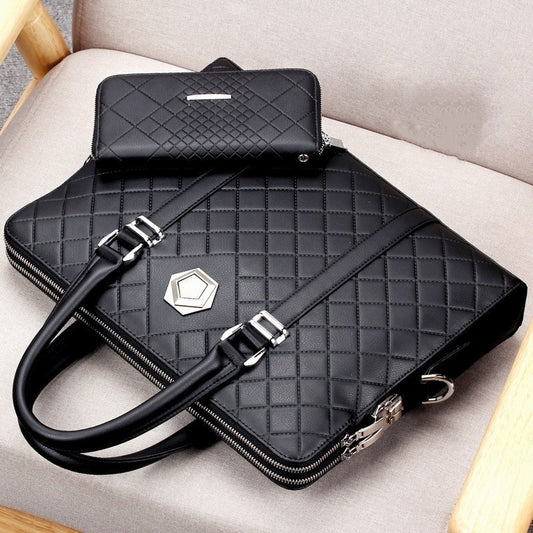 Men's Fashion Casual Wear Cowhide Leather Rhombus Zipper Bag