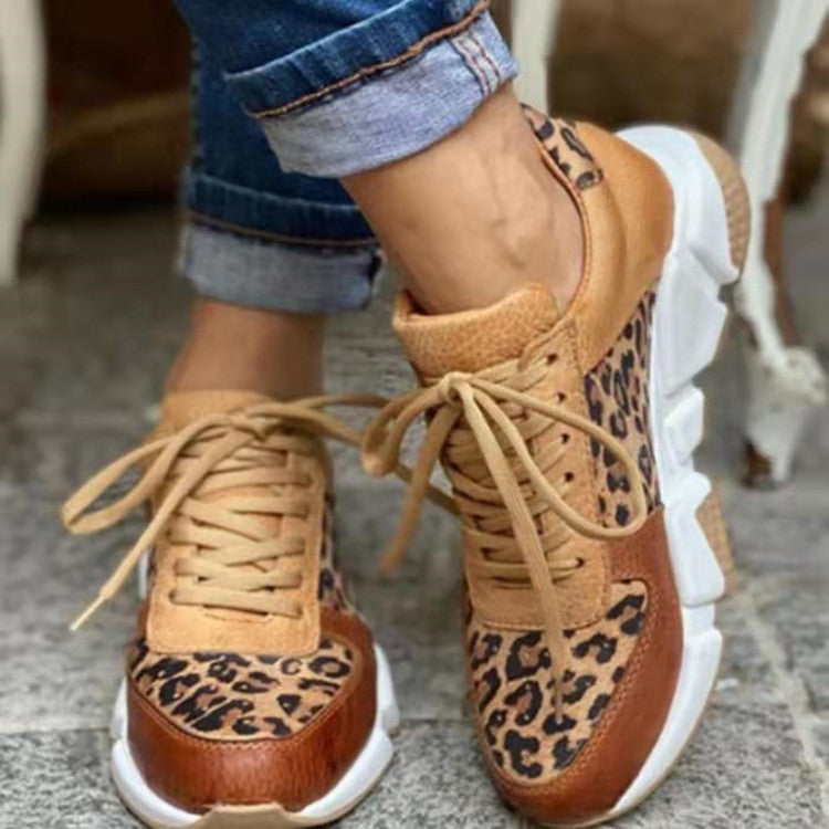 Large Size New Thick-soled Low-top Casual Shoes Round Toe Color-blocking Leopard Print Sneakers