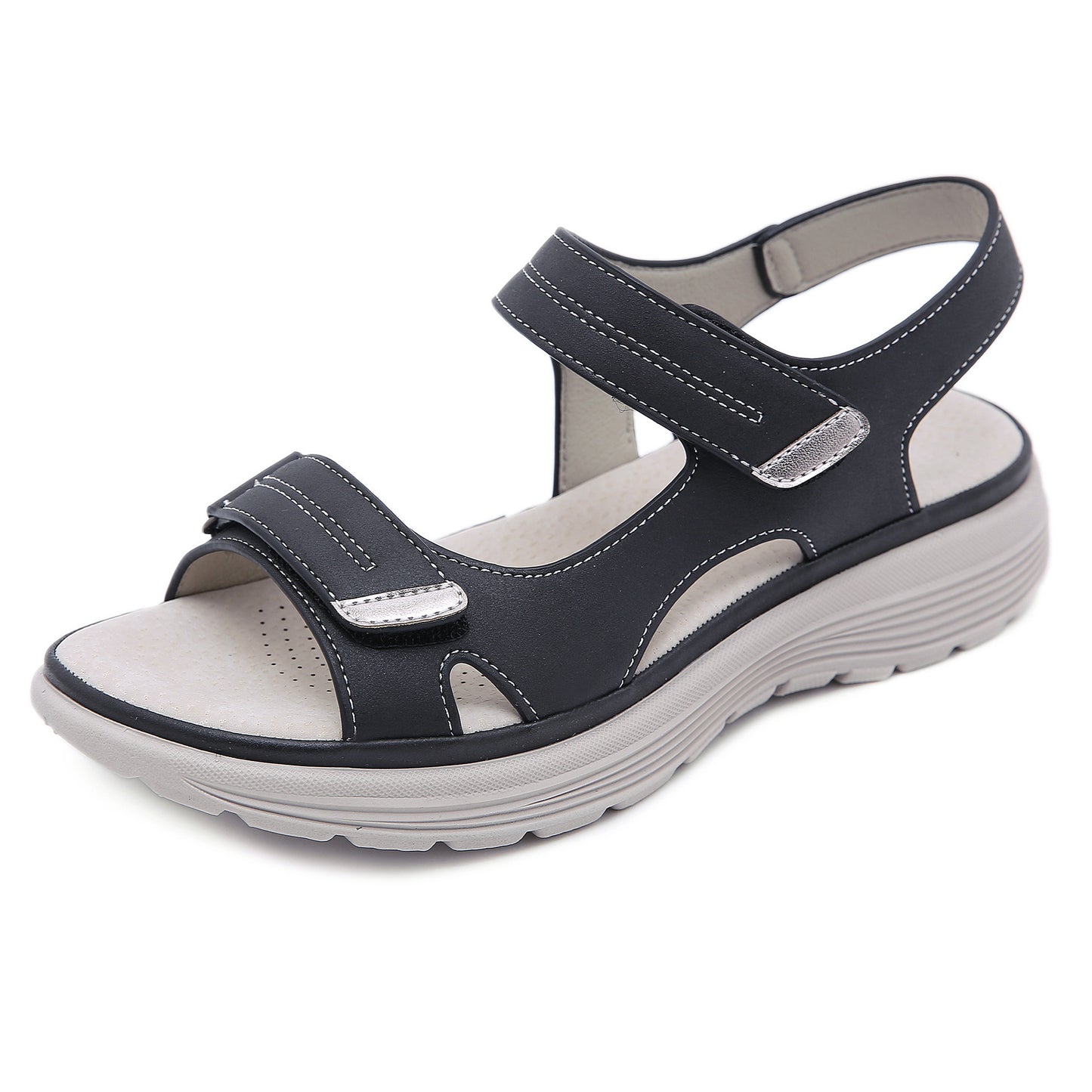 Ledersandalen Damen Sport Keilabsatz Leicht Klettverschluss