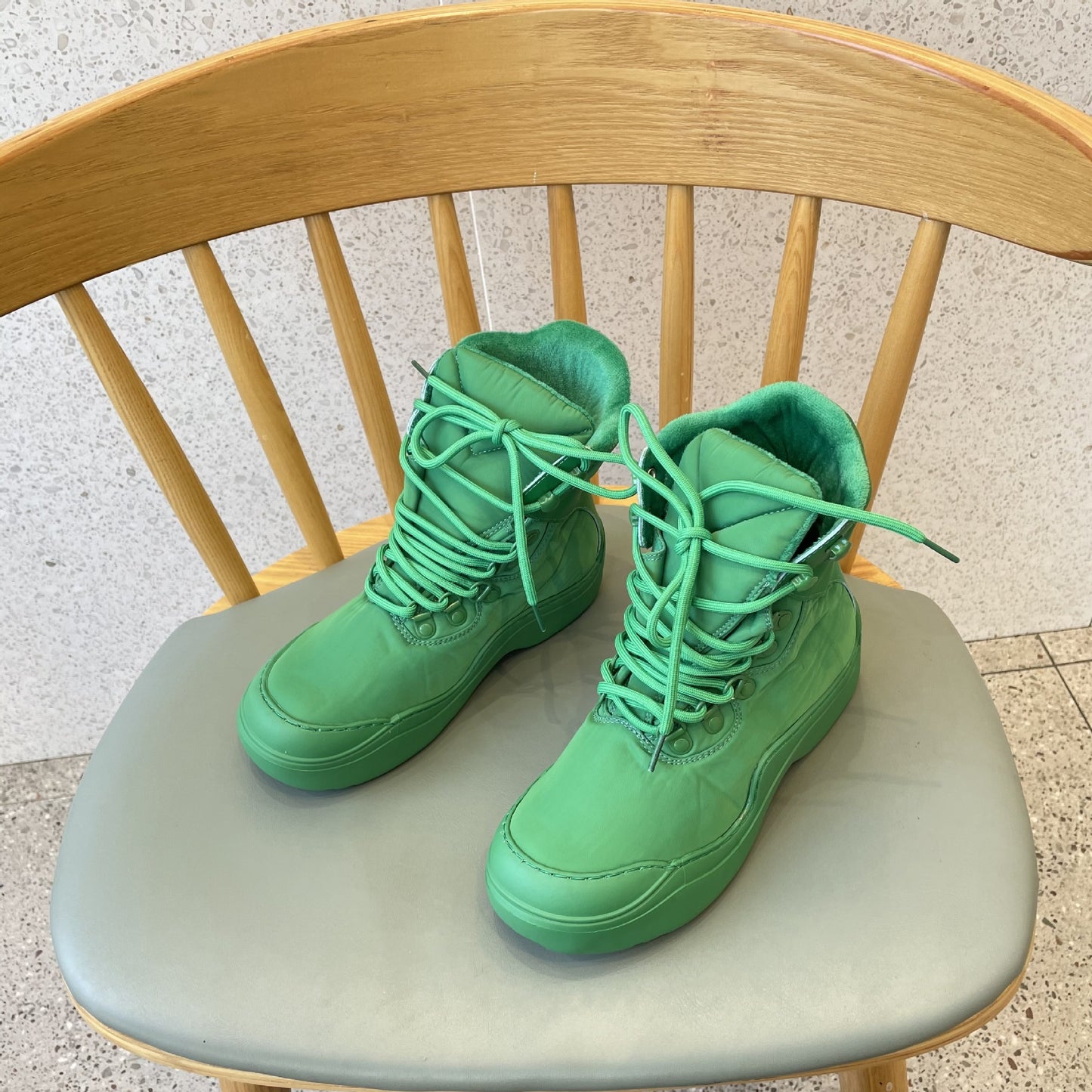 New Green Thick-soled Heightened Lace-up Ankle Boots High Top