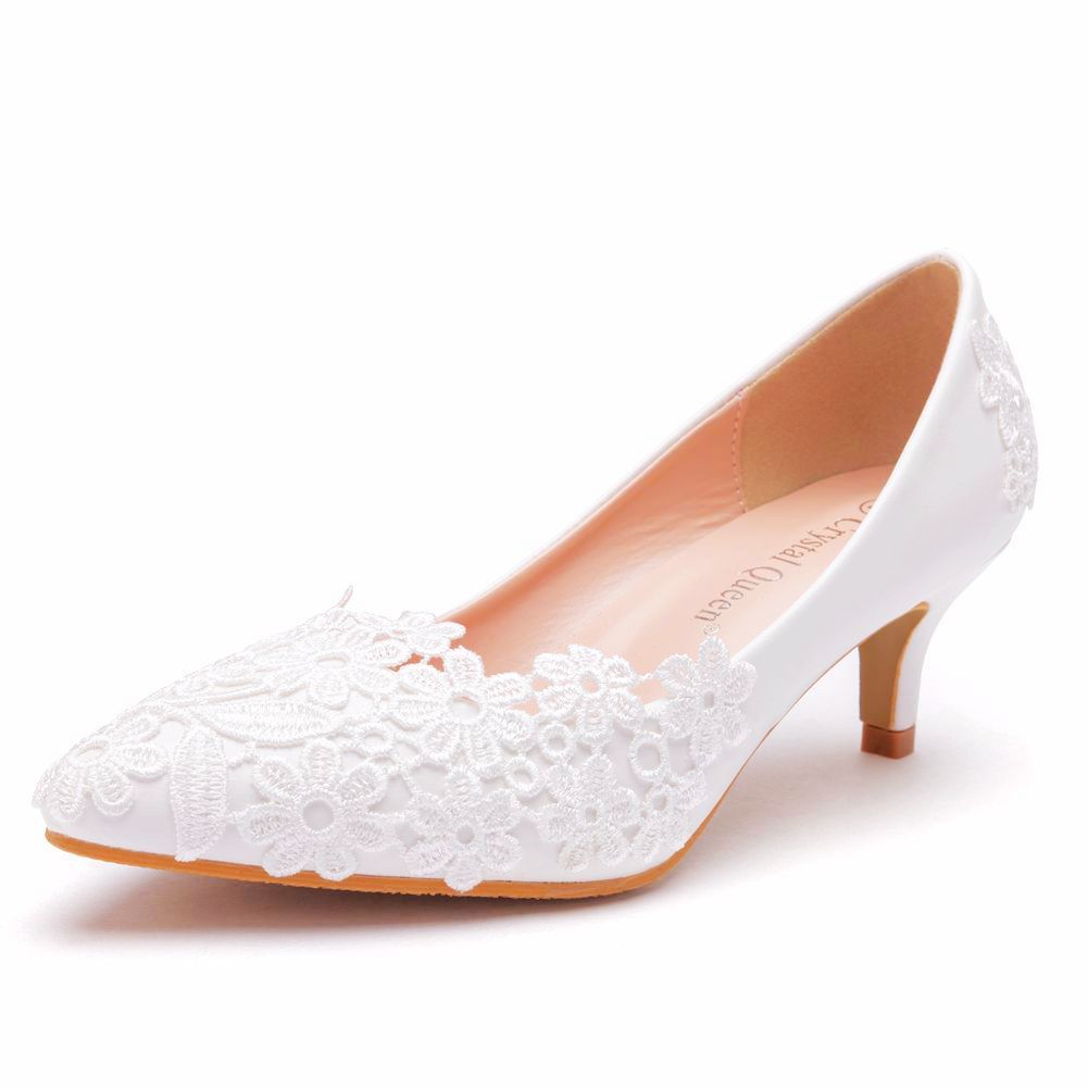 Zapatos de boda elegantes y sencillos con encaje y flores, color blanco, tacón alto de 5 cm