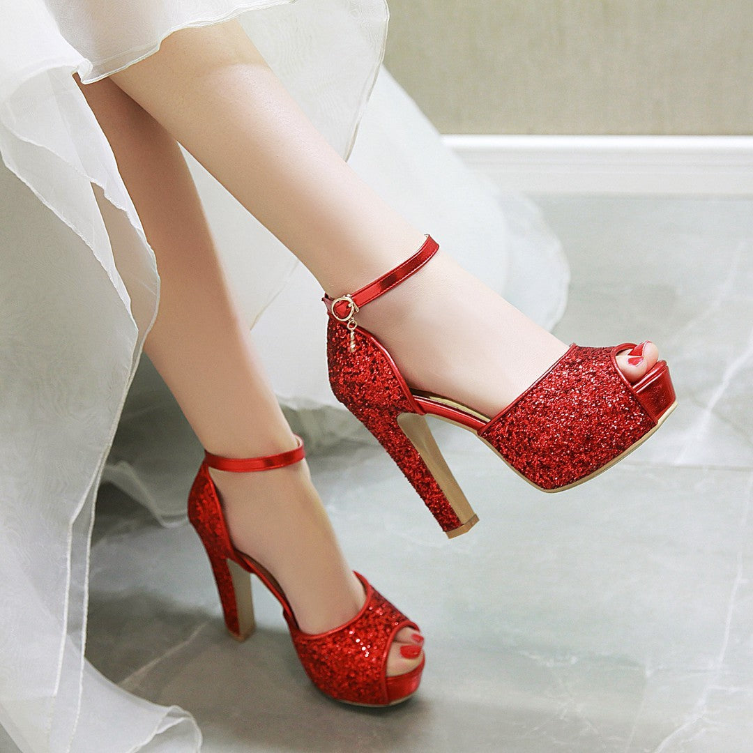 Peep Toe Chunky Heel Super High Heel Fashionable Sequins Sandals