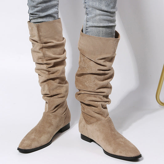 Low Heel Boot Women Faux Suede Pointed Toe Boots Pleated Design Shoes