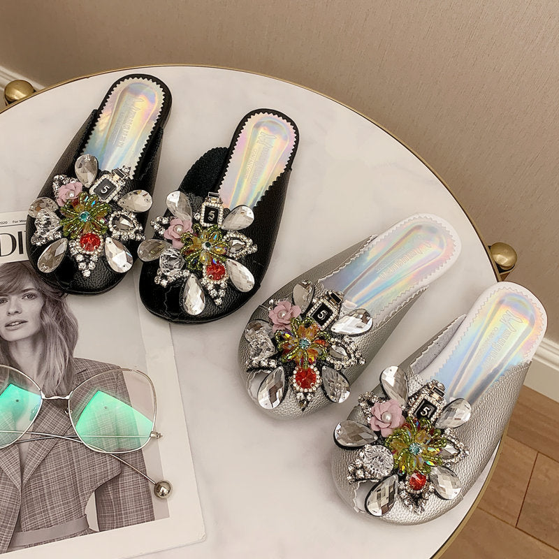 Pantuflas de moda para mujer con puntera de perlas y diamantes de imitación