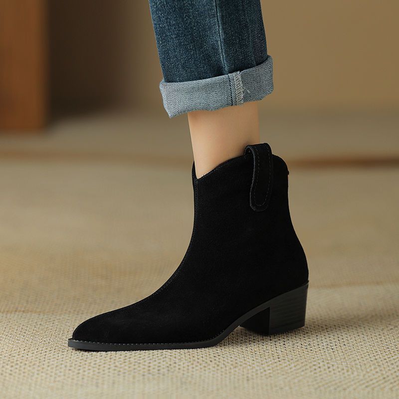 Mid Heel Soft Leather Thick Heel Pointed Female Boots Niche Short Tube