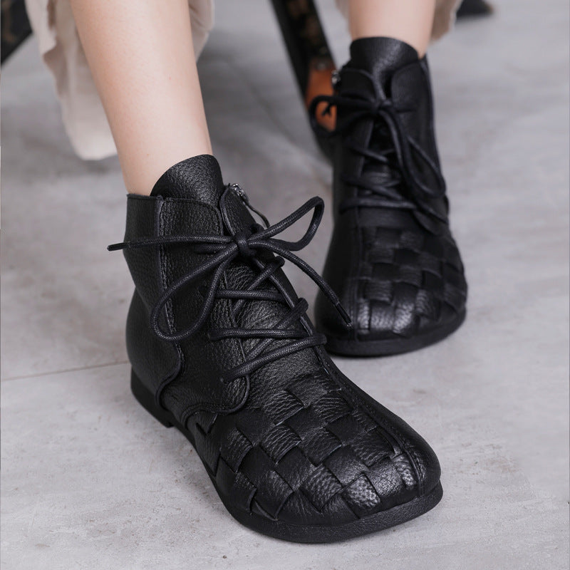 Vintage Hand-woven Ankle Boots Soft-soled Soft Leather