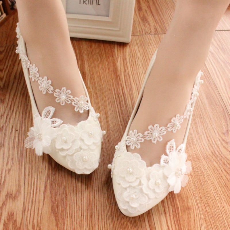 White Large Lace Low Heel Wedding Dress 3D Flower Women's Shoes