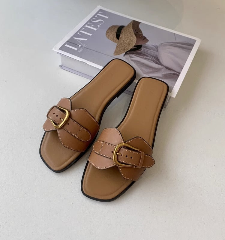 French Flat Slippers Women's Summer Wear Retro Buckle Sandals Lazy Casual Vacation Beach Shoes