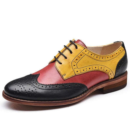 Large Size Lace-up Color Block Low-heel Leather Shoes