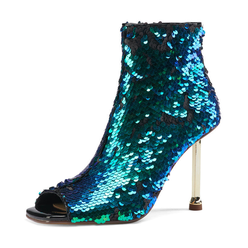 Fashion Sequined Fish Mouth Zipper Stiletto High Heels Women's Cool Boots